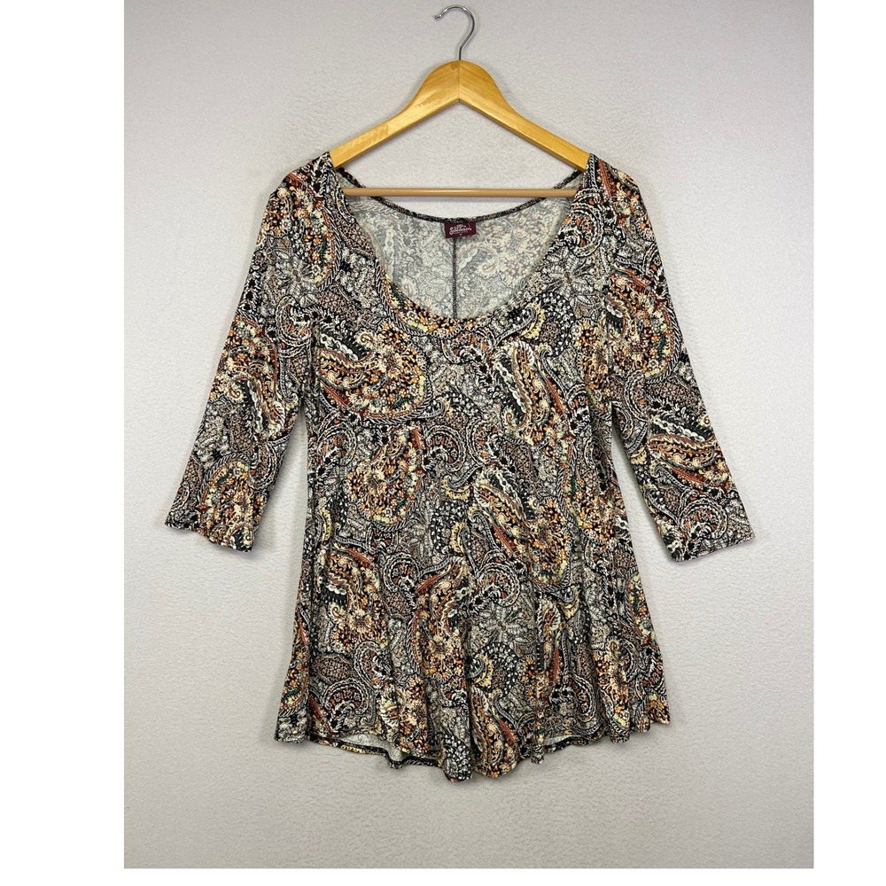 Boho Salaam Women Medium Multicolor Paisley 3/4 Sleeve Scoop Neck Tunic Top